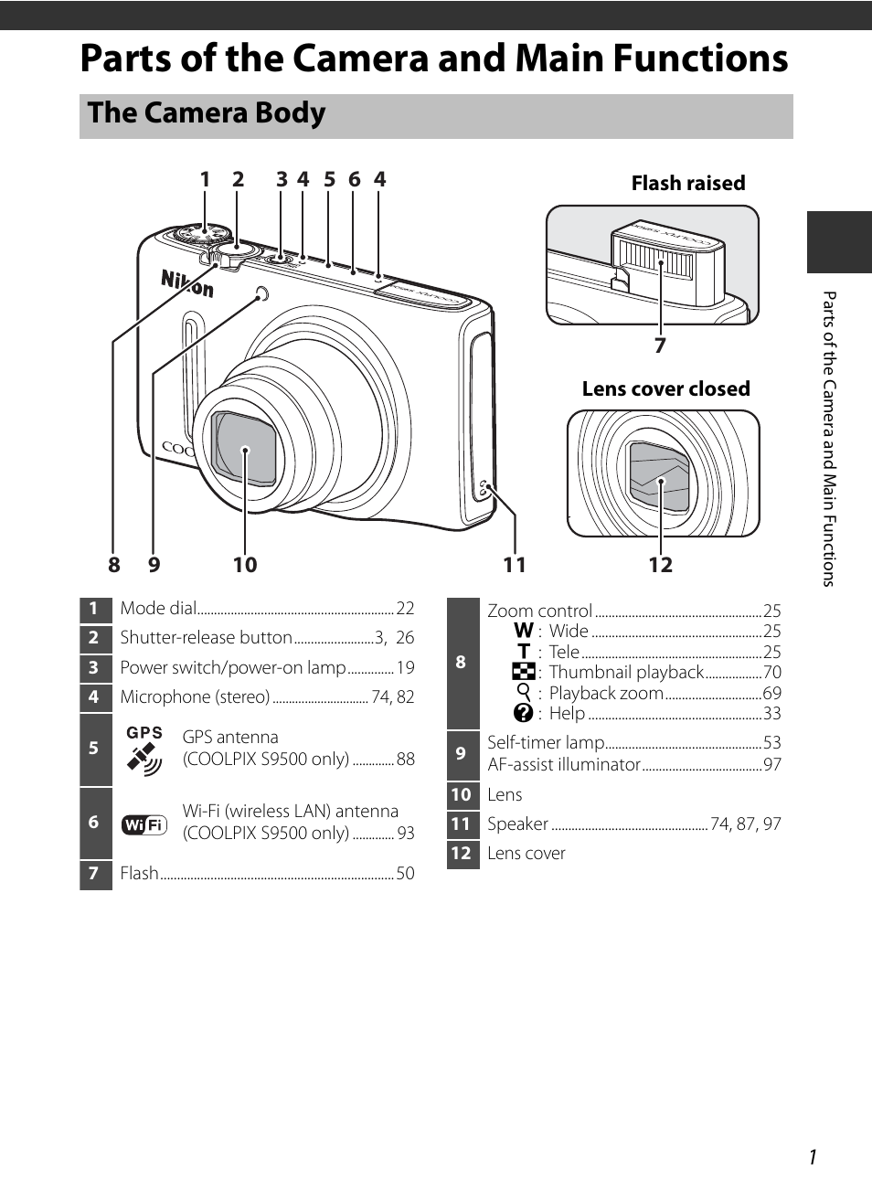 Parts of the camera and main functions, The camera body, See “parts of the camera and main functions | A 1) for more in | Nikon S9400 - S9500 User Manual | Page 23 / 252