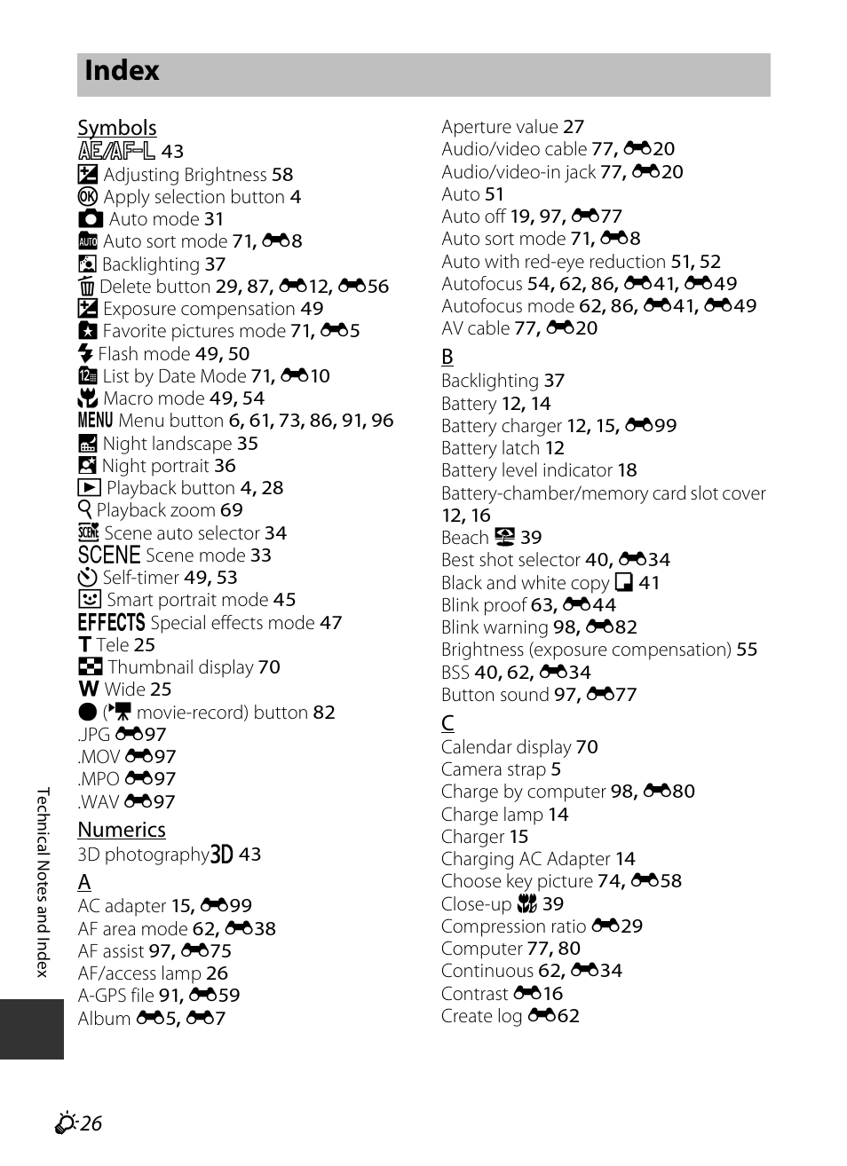 Index, F 26 | Nikon S9400 - S9500 User Manual | Page 246 / 252