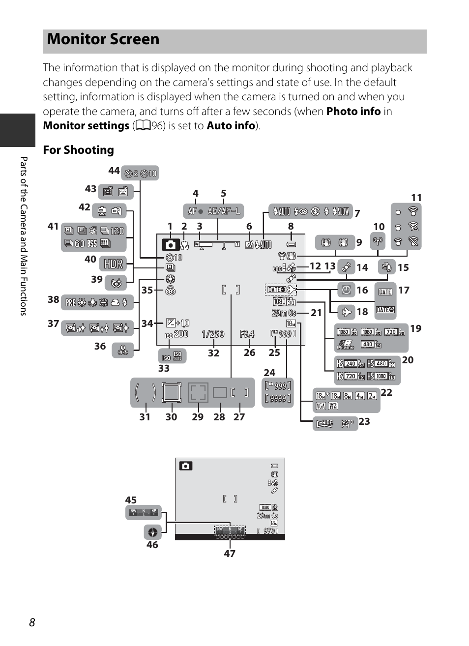 Monitor screen, For shooting | Nikon S9400 - S9500 User Manual | Page 30 / 252