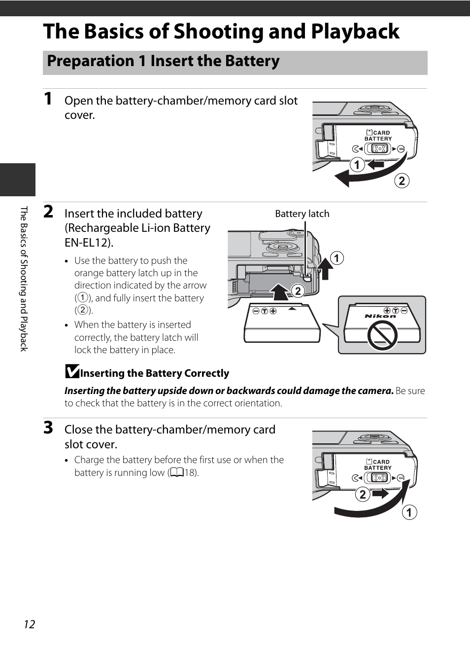 The basics of shooting and playback, Preparation 1 insert the battery, A 12) | Nikon S9400 - S9500 User Manual | Page 34 / 252
