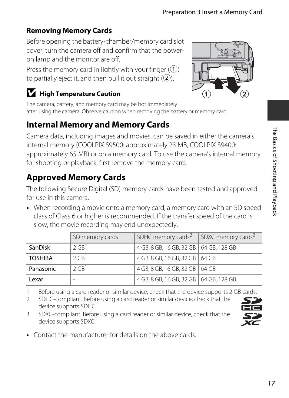 Internal memory and memory cards, Approved memory cards | Nikon S9400 - S9500 User Manual | Page 39 / 252