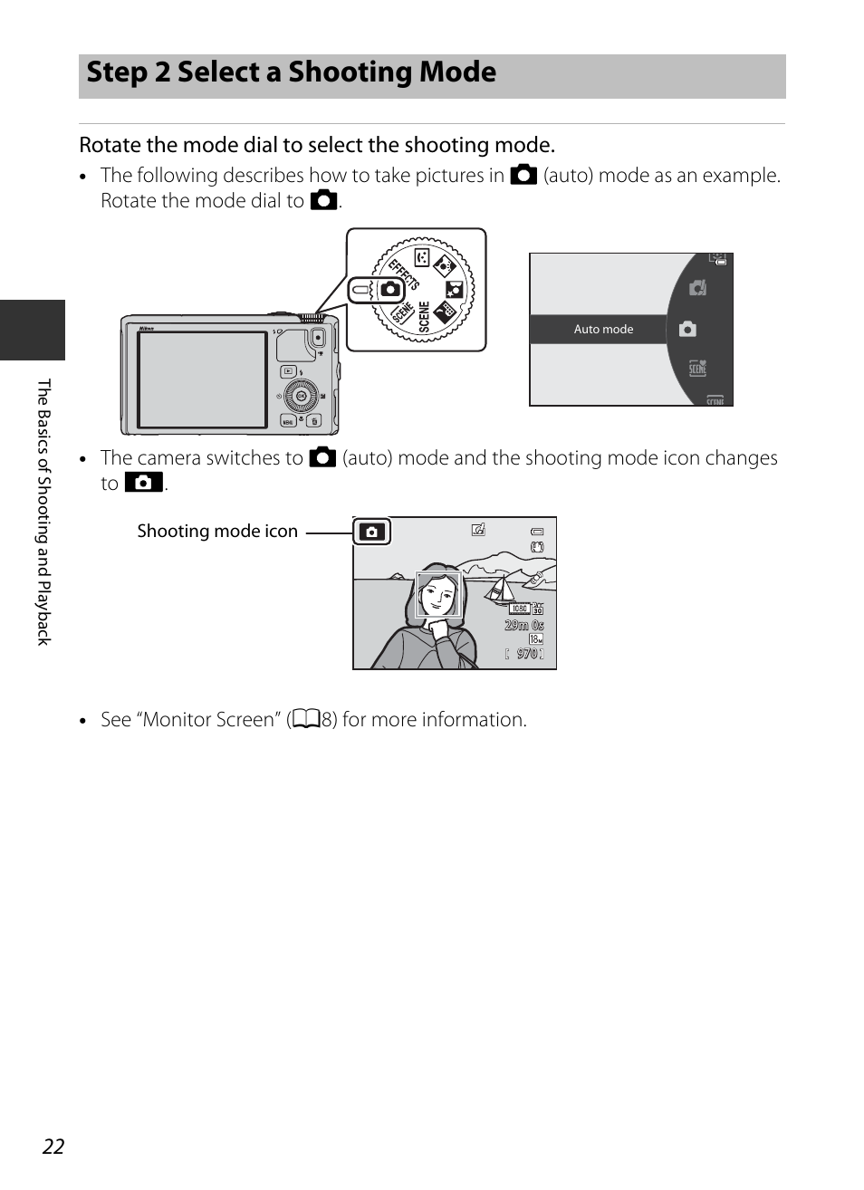 Step 2 select a shooting mode, Rotate the mode dial to select the shooting mode | Nikon S9400 - S9500 User Manual | Page 44 / 252