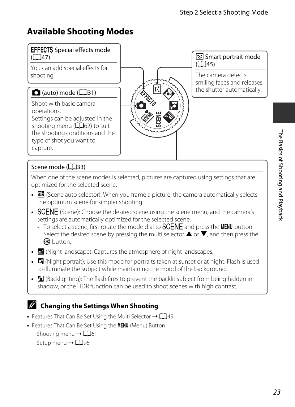 Available shooting modes, A23) | Nikon S9400 - S9500 User Manual | Page 45 / 252