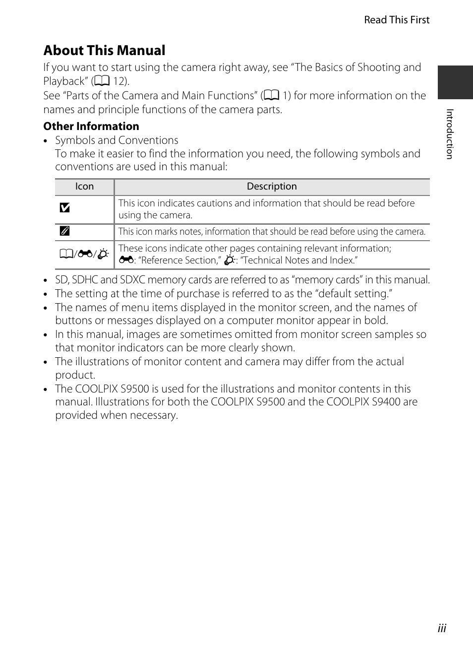 About this manual | Nikon S9400 - S9500 User Manual | Page 5 / 252
