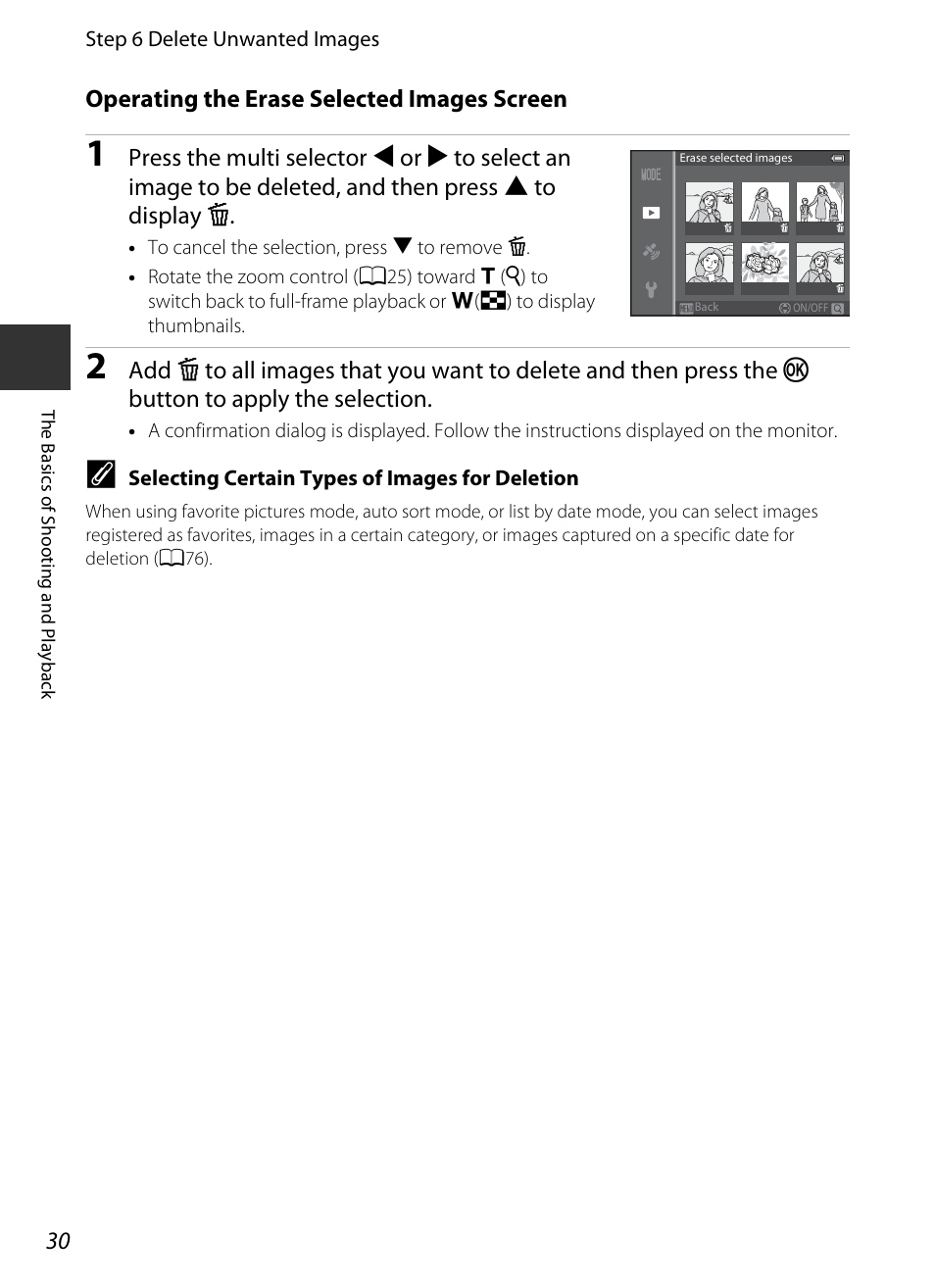 E “operating the erase selected images screen, A30) for | Nikon S9400 - S9500 User Manual | Page 52 / 252