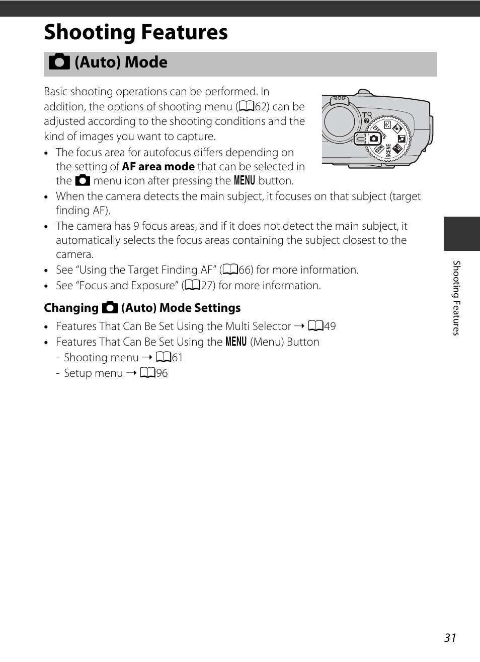 Shooting features, Auto mode, A (auto) mode | A31) | Nikon S9400 - S9500 User Manual | Page 53 / 252