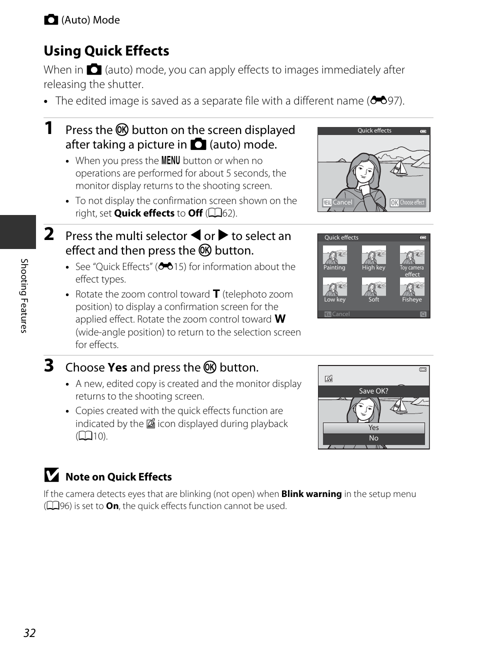 Using quick effects, A 32, A32) | Choose yes and press the k button | Nikon S9400 - S9500 User Manual | Page 54 / 252