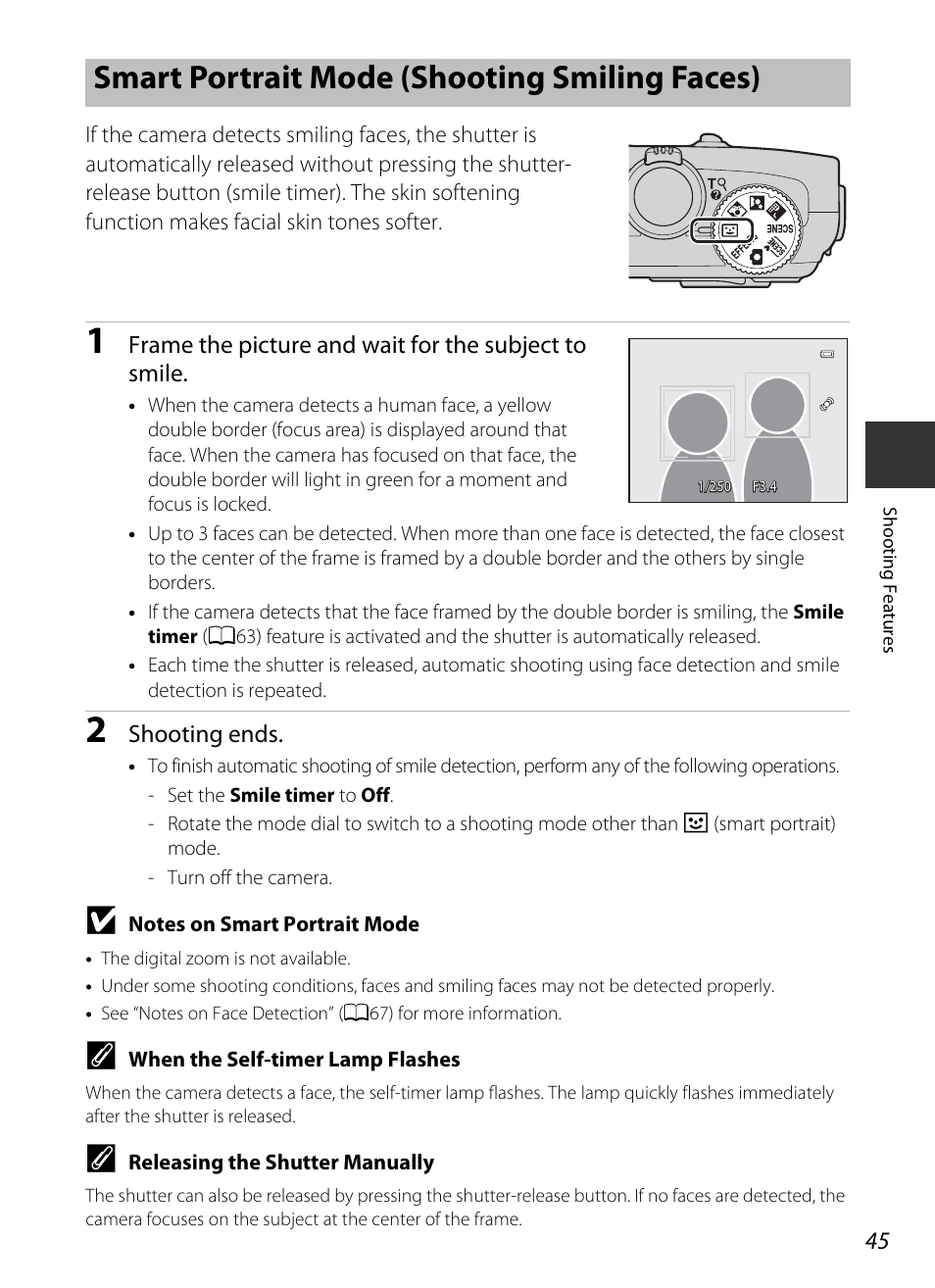 Smart portrait mode (shooting smiling faces), A45) | Nikon S9400 - S9500 User Manual | Page 67 / 252
