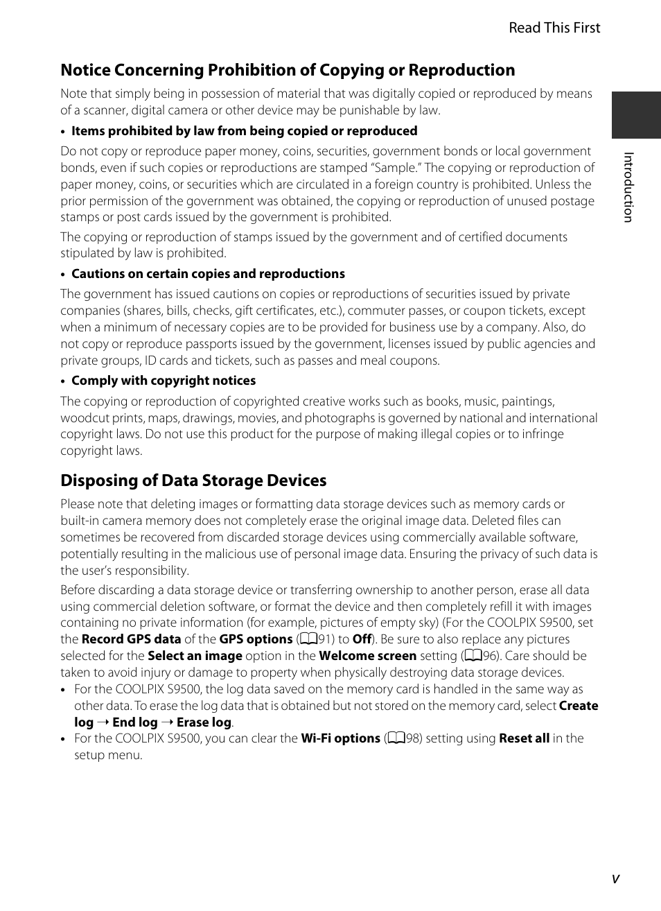 Disposing of data storage devices | Nikon S9400 - S9500 User Manual | Page 7 / 252
