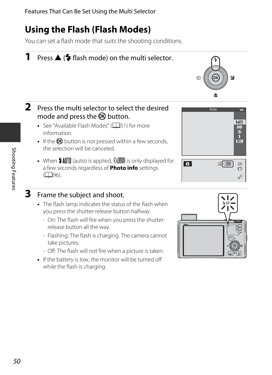 Using the flash (flash modes), A50) se, A50) | Mode (a50) | Nikon S9400 - S9500 User Manual | Page 72 / 252