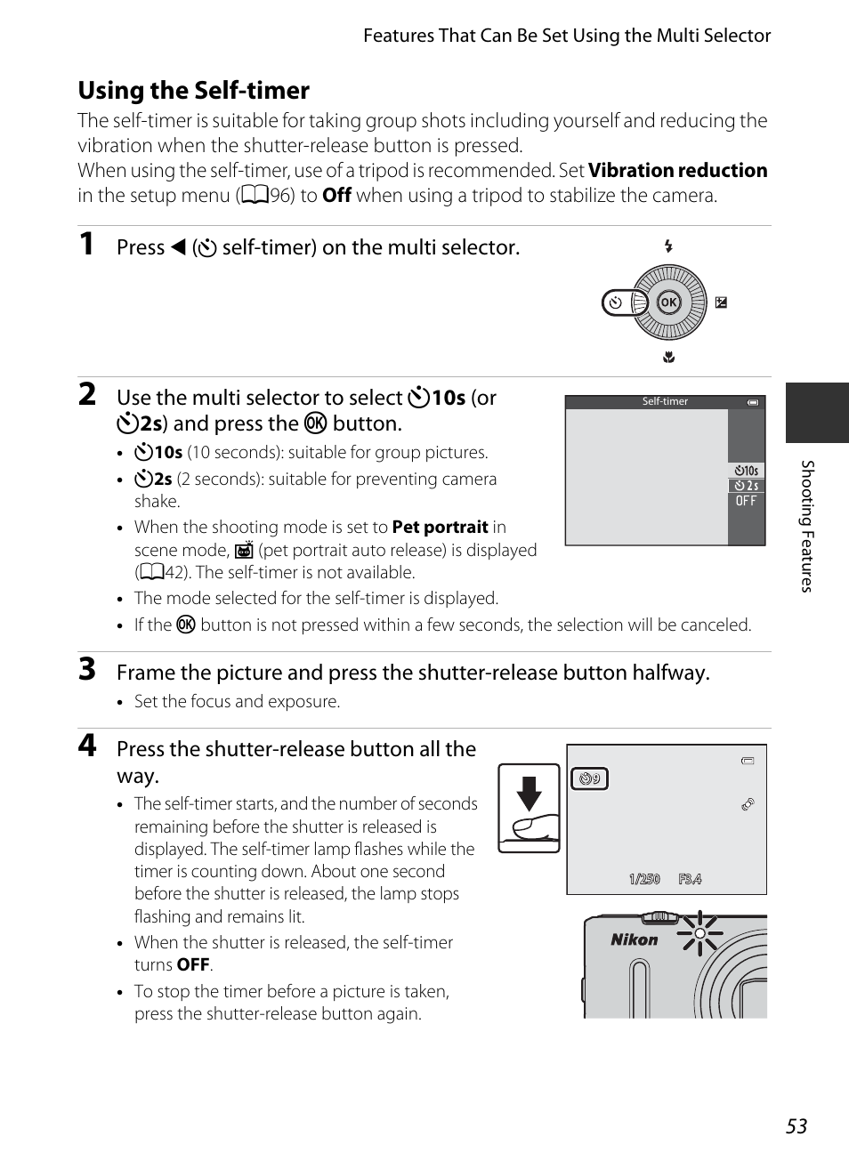 Using the self-timer, A53) | Nikon S9400 - S9500 User Manual | Page 75 / 252