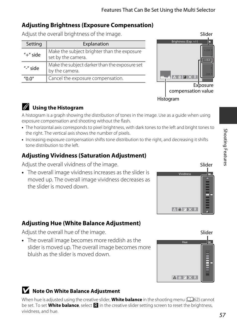 Adjusting vividness (saturation adjustment), A57), Adjusting hue (white balance adjustment) | Adjusting brightness (exposure compensation) | Nikon S9400 - S9500 User Manual | Page 79 / 252
