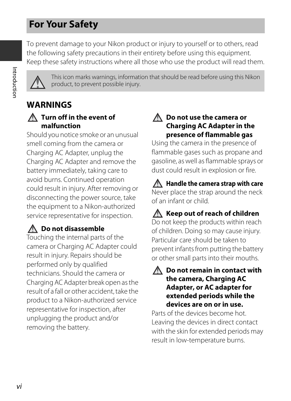 For your safety, Warnings | Nikon S9400 - S9500 User Manual | Page 8 / 252