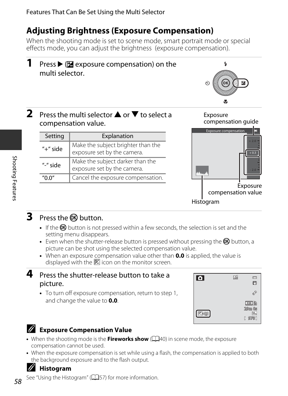 Adjusting brightness (exposure compensation), A58) | Nikon S9400 - S9500 User Manual | Page 80 / 252
