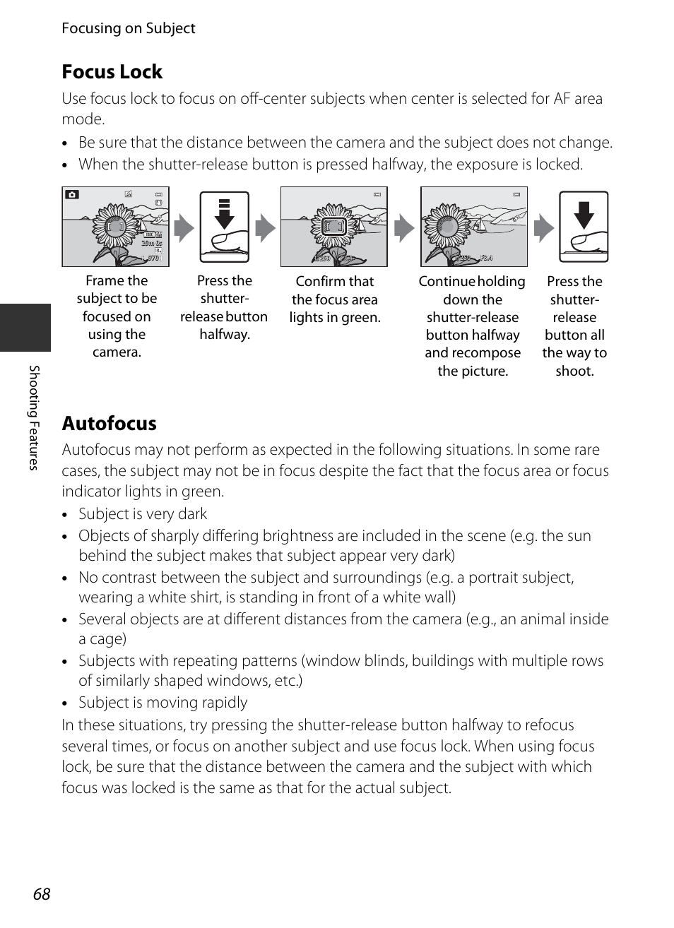 Focus lock, Autofocus, Focus lock autofocus | See “autofocus, A68), Not focus, try “focus lock, Focusing on subject | Nikon S9400 - S9500 User Manual | Page 90 / 252