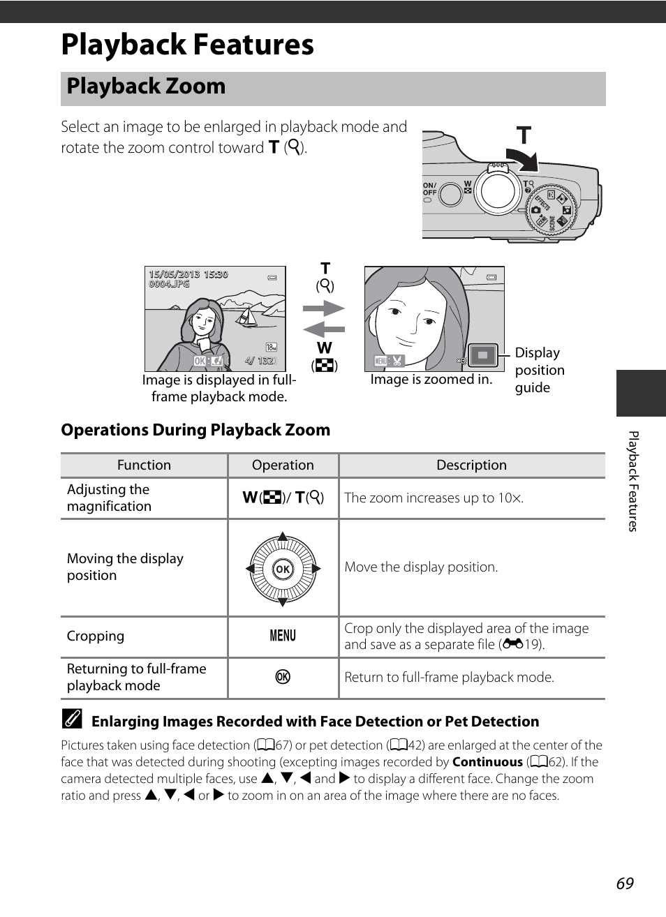 Playback features, Playback zoom, A69) | Operations during playback zoom | Nikon S9400 - S9500 User Manual | Page 91 / 252