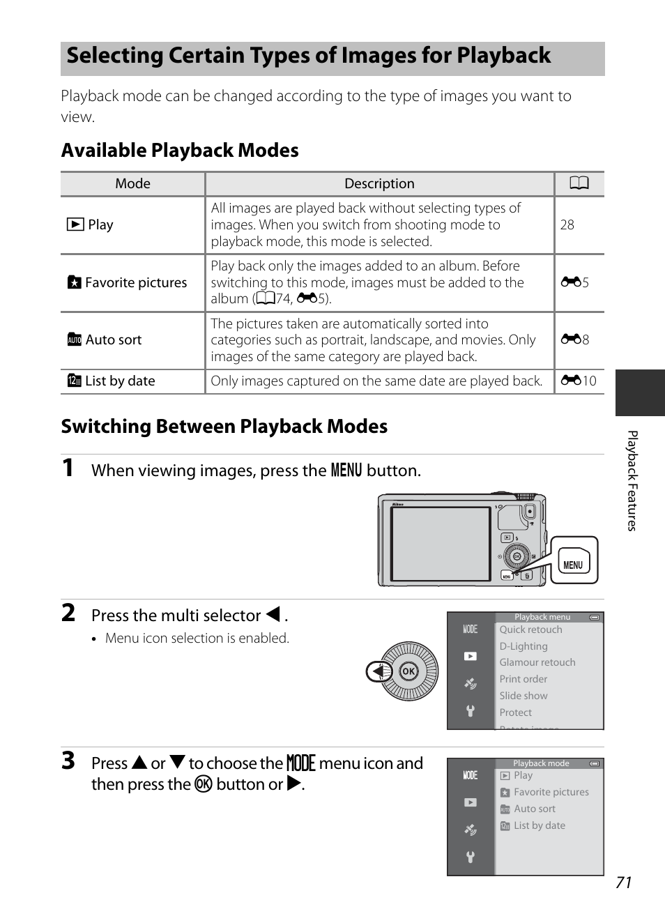Selecting certain types of images for playback, Available playback modes, Switching between playback modes | A71) | Nikon S9400 - S9500 User Manual | Page 93 / 252