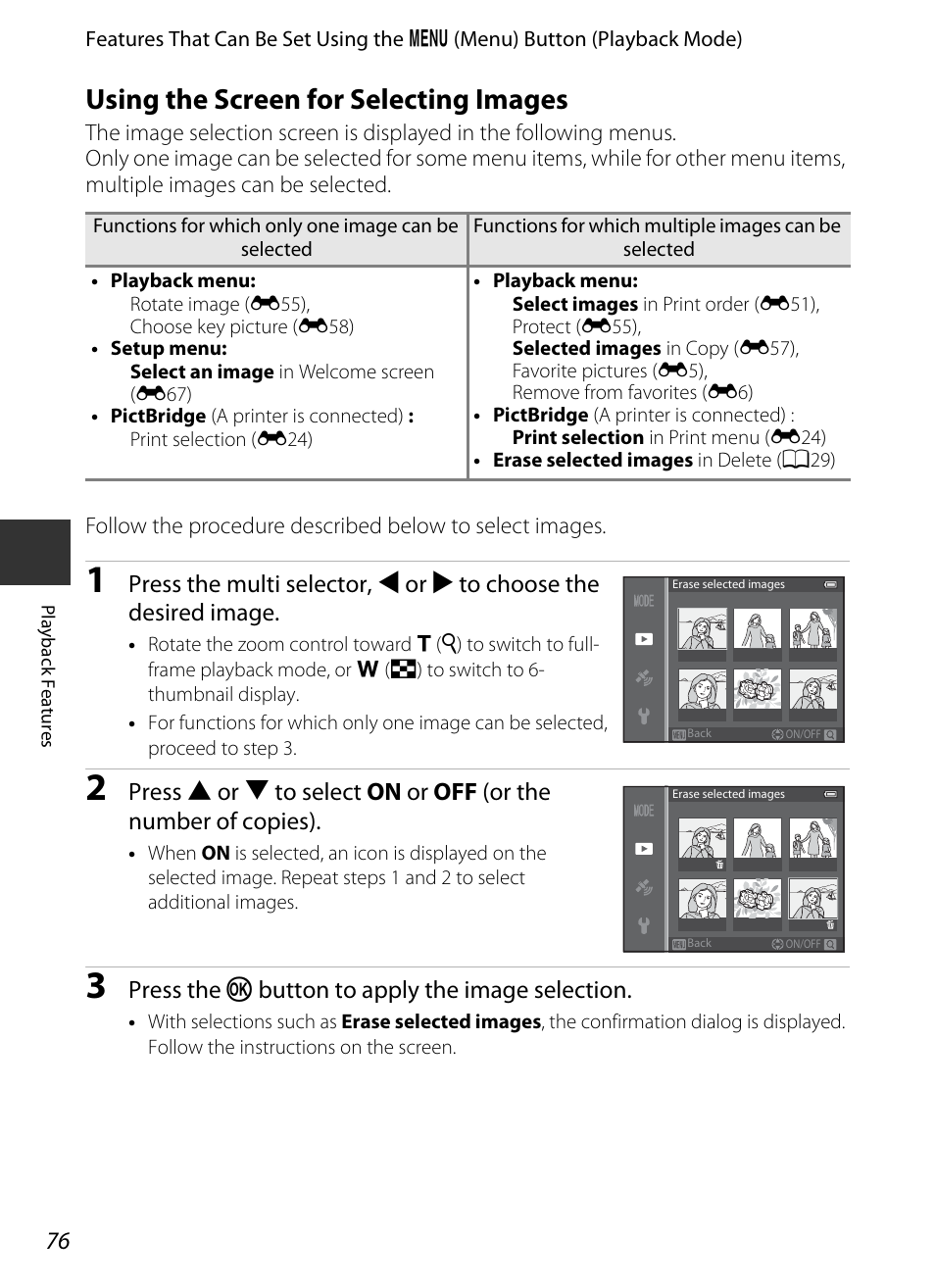 Using the screen for selecting images, See “using the screen for selecting images, A 76) | Nikon S9400 - S9500 User Manual | Page 98 / 252