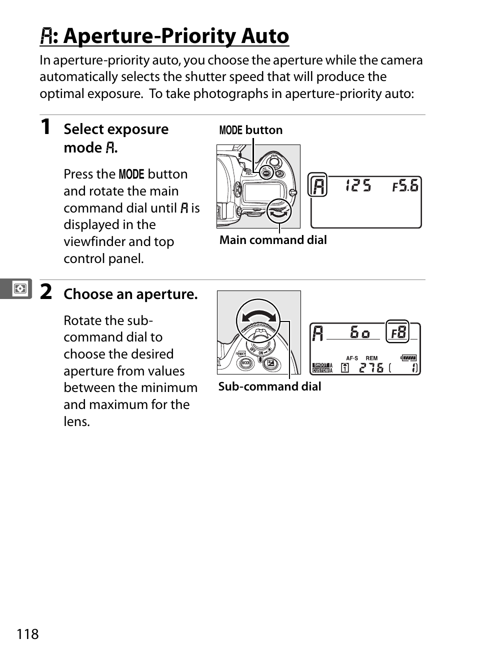 A: aperture-priority auto, G : aperture-priority auto | Nikon D3X User Manual | Page 144 / 476