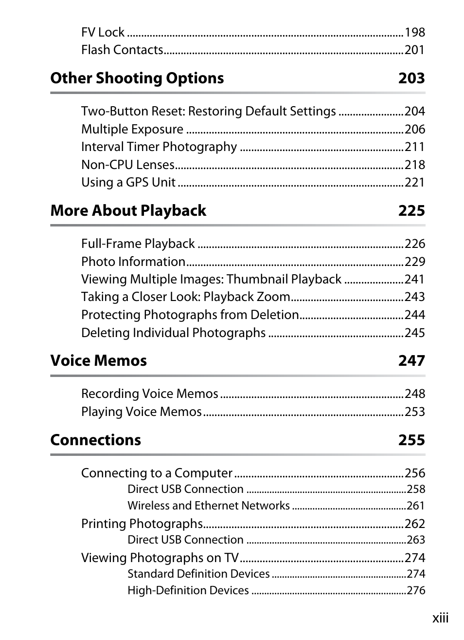 Other shooting options 203, More about playback 225, Connections 255 | Nikon D3X User Manual | Page 15 / 476