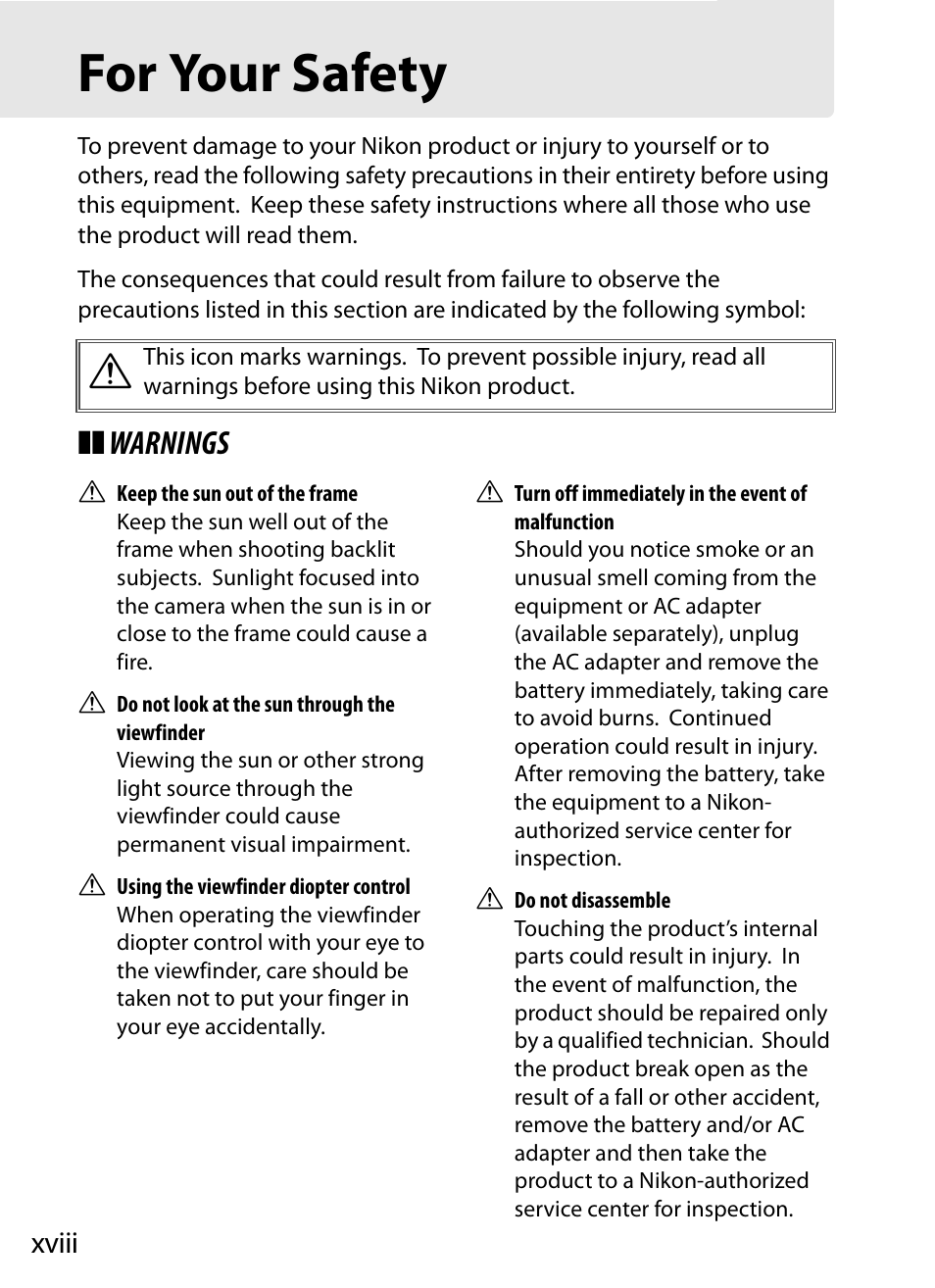 For your safety, Warnings | Nikon D3X User Manual | Page 20 / 476