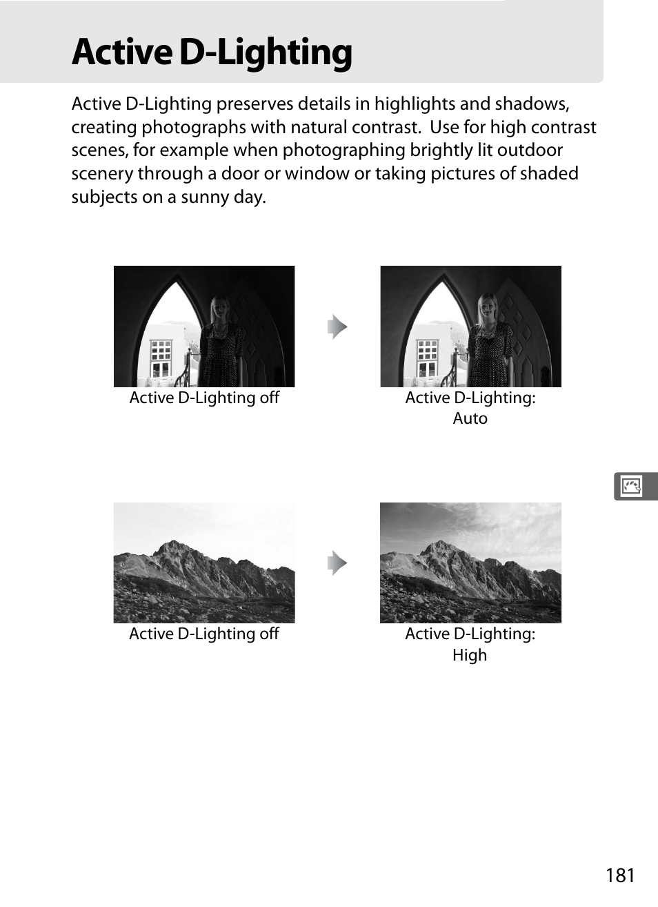 Active d-lighting | Nikon D3X User Manual | Page 207 / 476