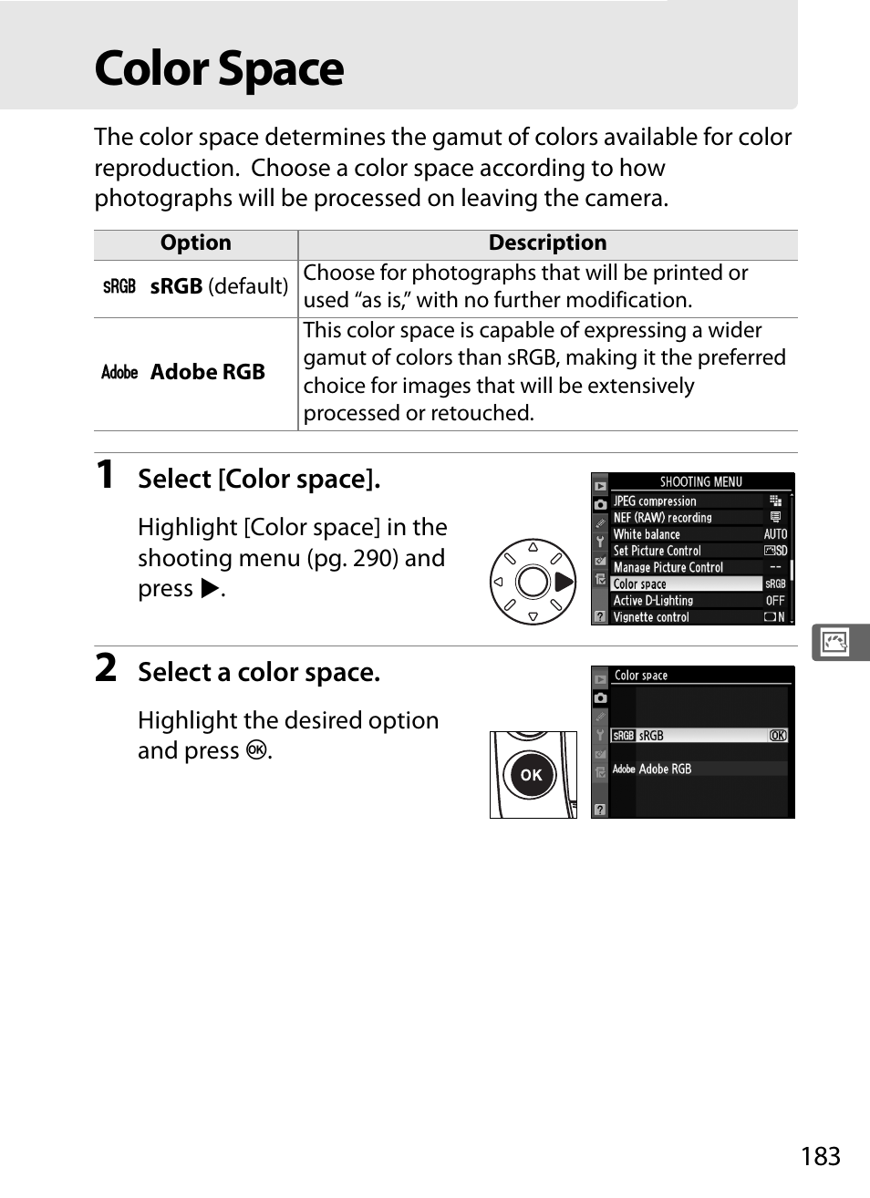 Color space | Nikon D3X User Manual | Page 209 / 476