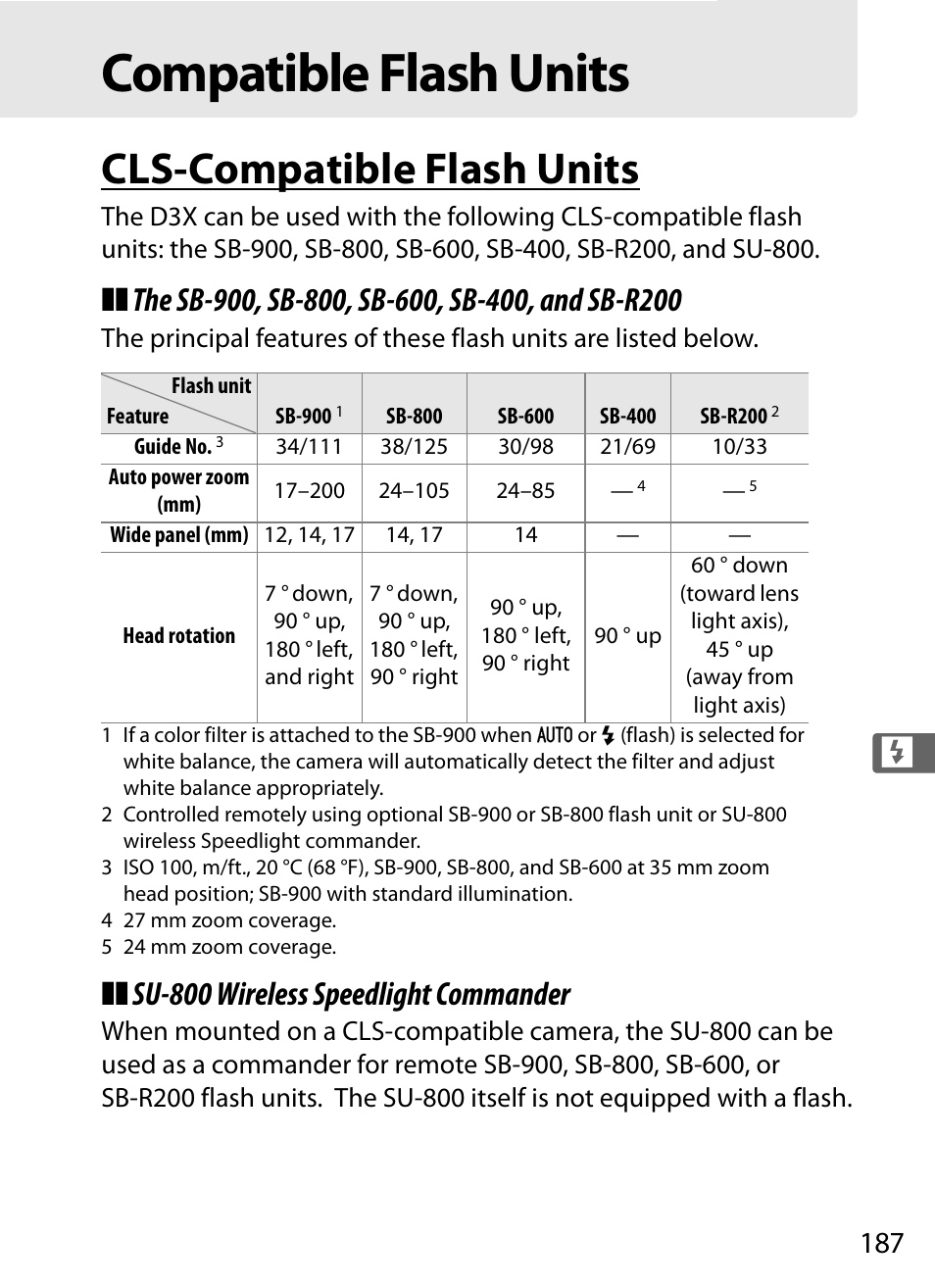 Compatible flash units, Cls-compatible flash units, Su-800 wireless speedlight commander | Nikon D3X User Manual | Page 213 / 476