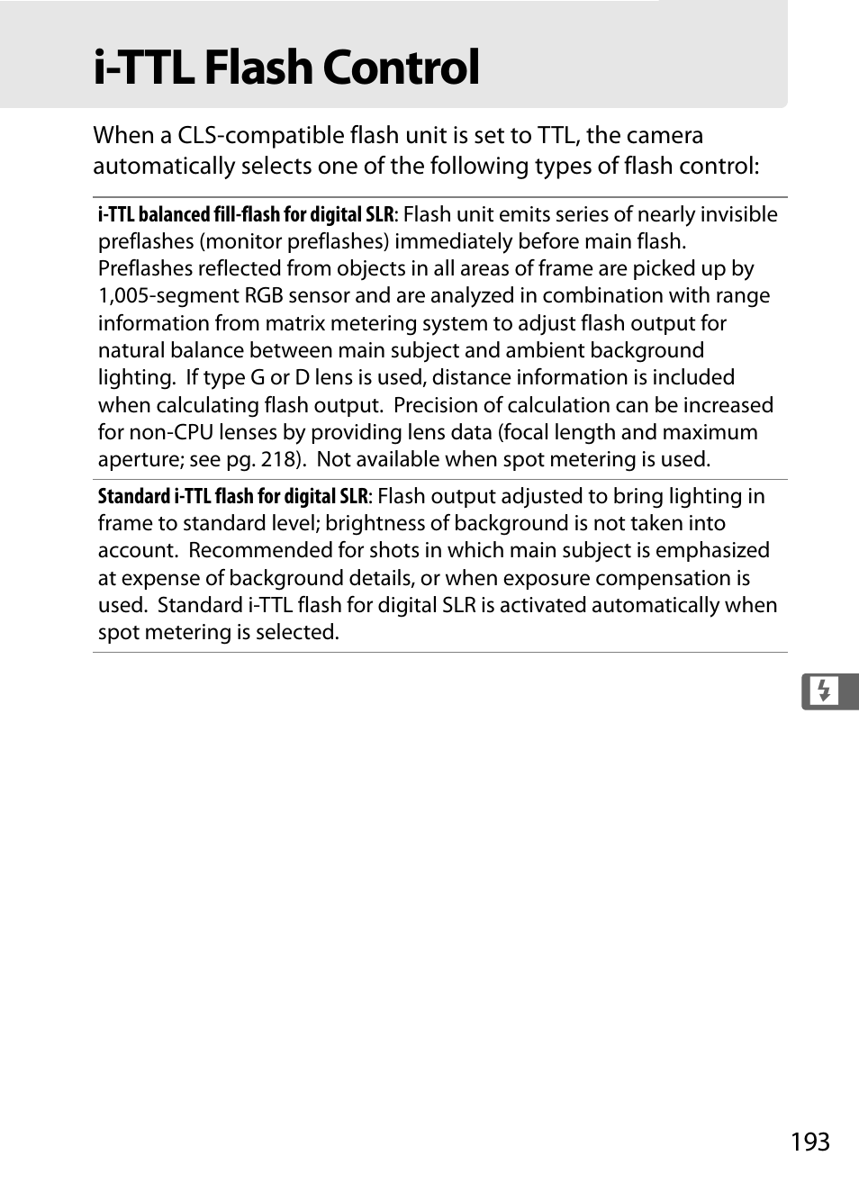 I-ttl flash control | Nikon D3X User Manual | Page 219 / 476