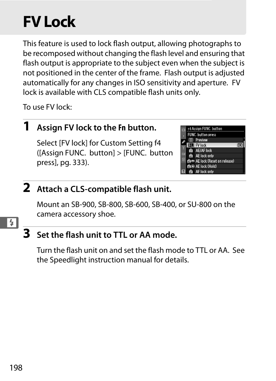 Fv lock | Nikon D3X User Manual | Page 224 / 476