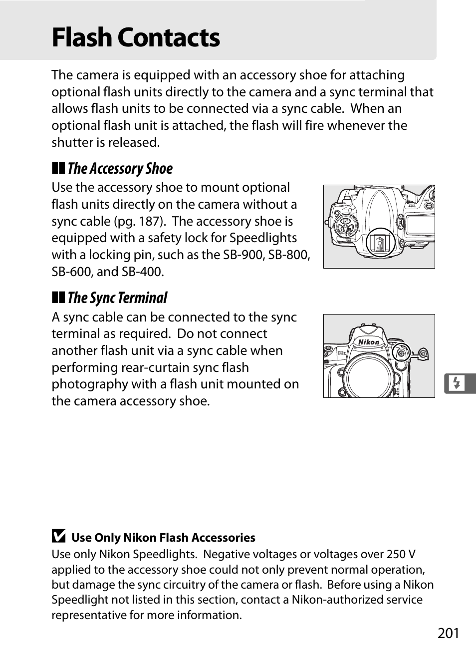 Flash contacts | Nikon D3X User Manual | Page 227 / 476