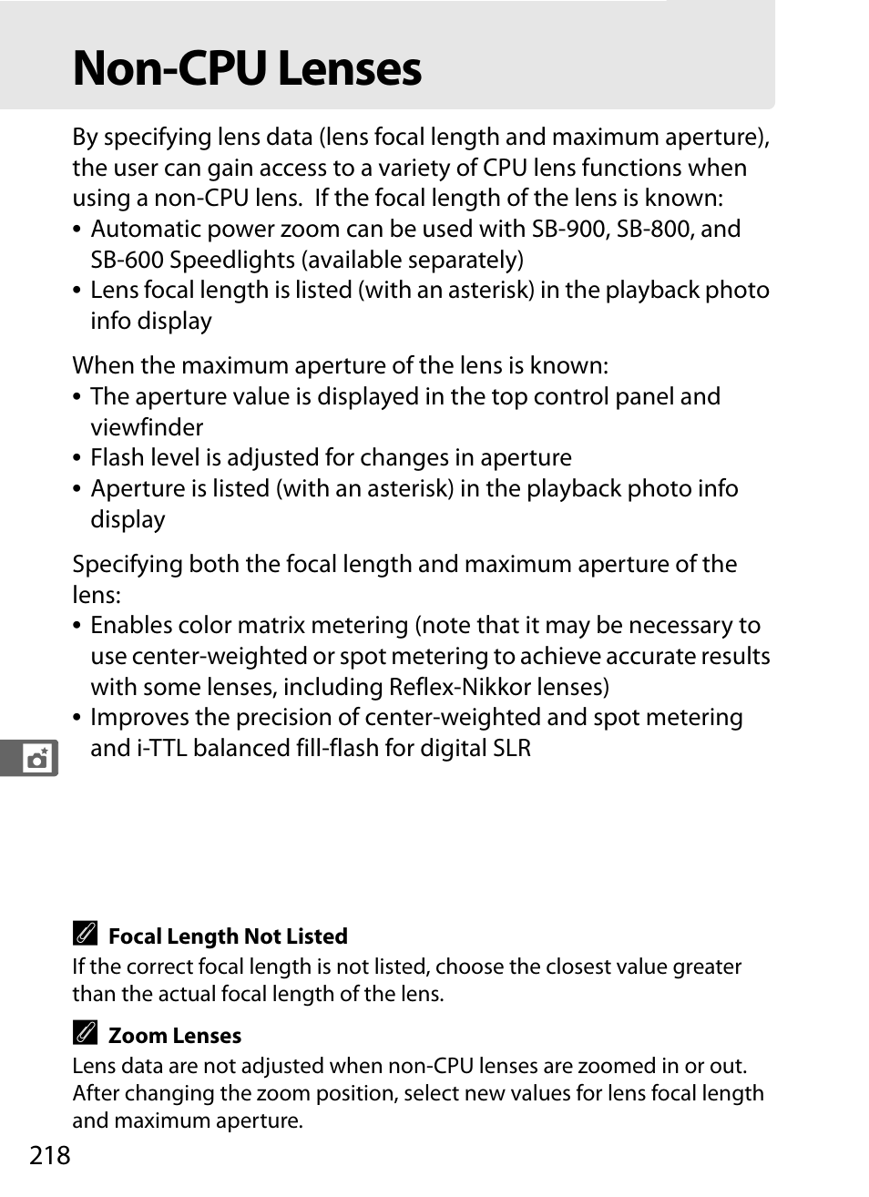 Non-cpu lenses | Nikon D3X User Manual | Page 244 / 476