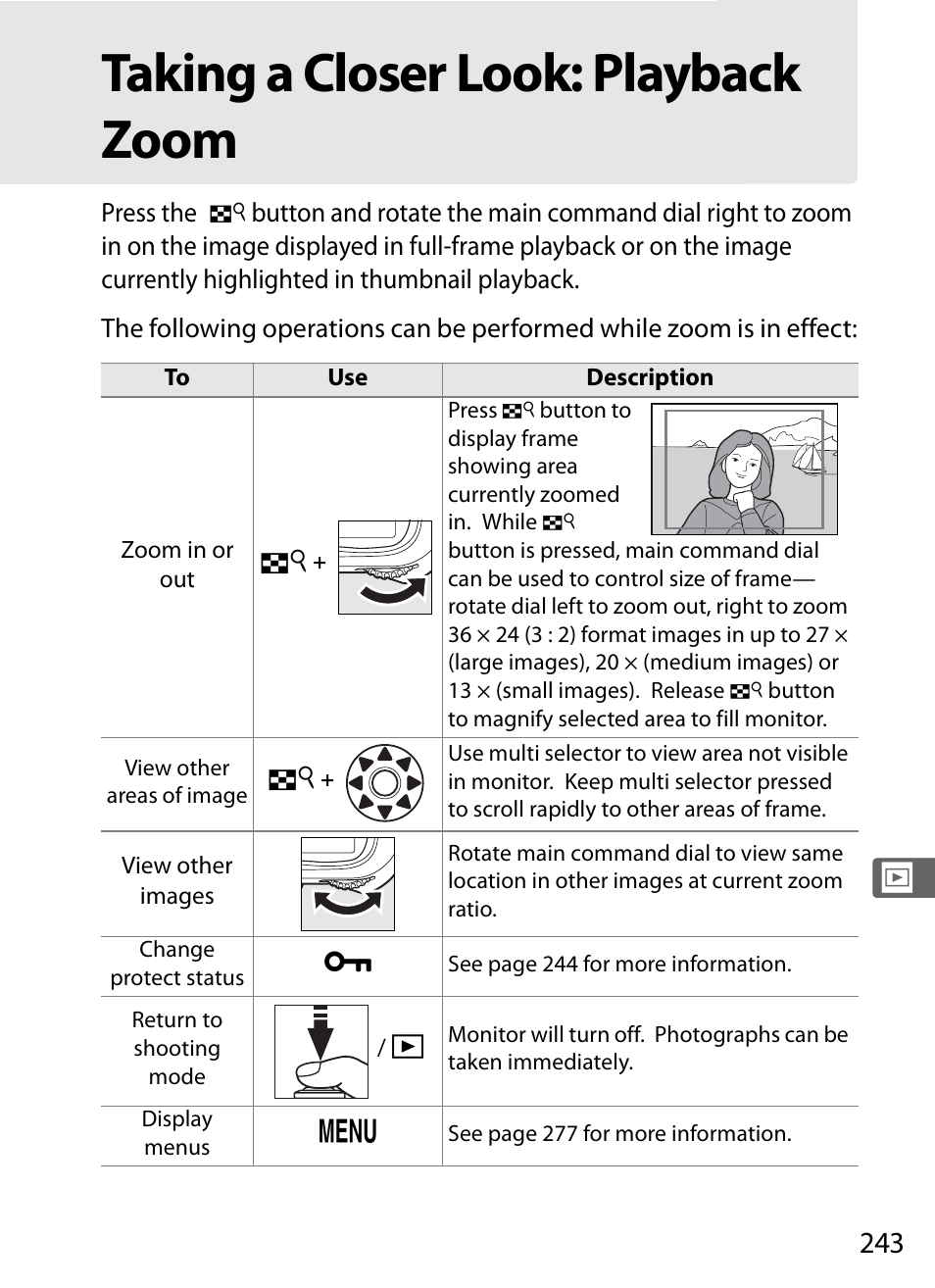 Taking a closer look: playbackzoom, Taking a closer look: playback zoom | Nikon D3X User Manual | Page 269 / 476