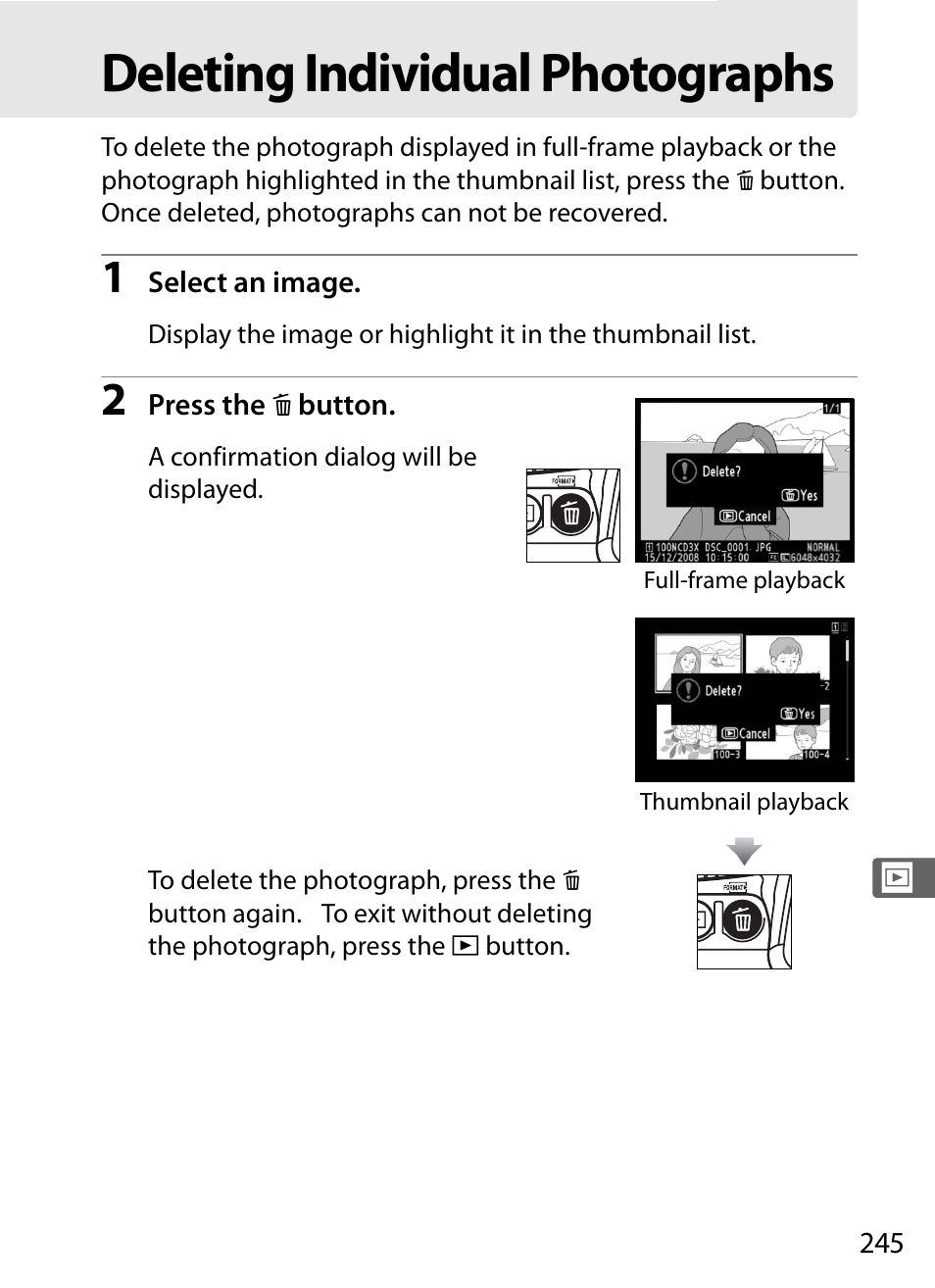 Deleting individual photographs | Nikon D3X User Manual | Page 271 / 476