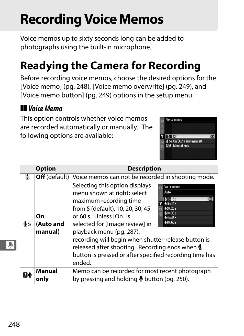 Recording voice memos, Readying the camera for recording | Nikon D3X User Manual | Page 274 / 476