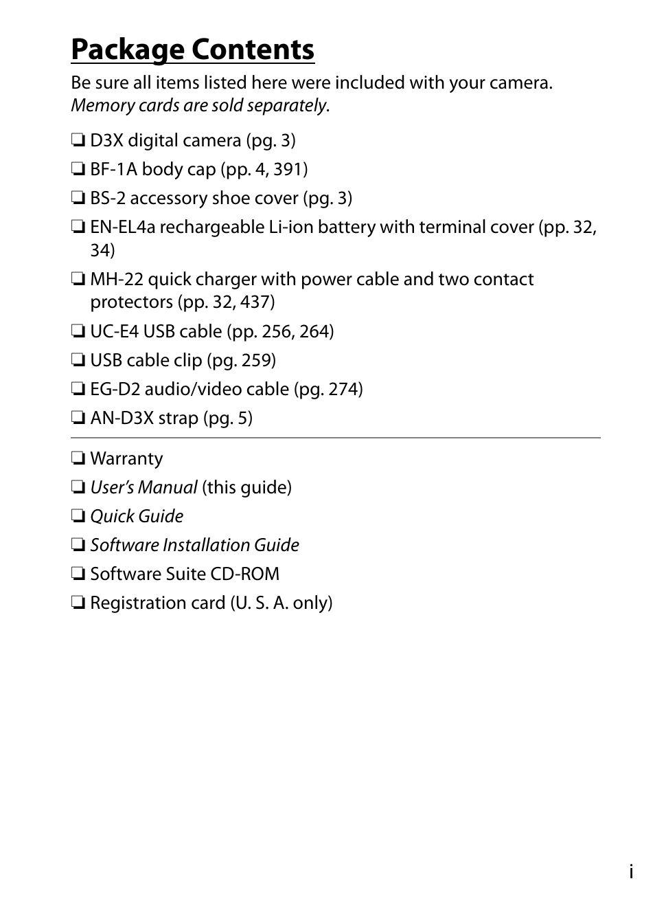 Package contents | Nikon D3X User Manual | Page 3 / 476