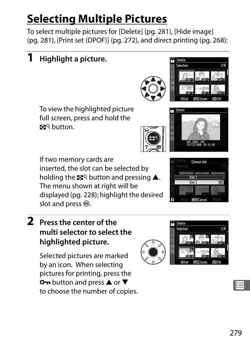 Selecting multiple pictures | Nikon D3X User Manual | Page 305 / 476