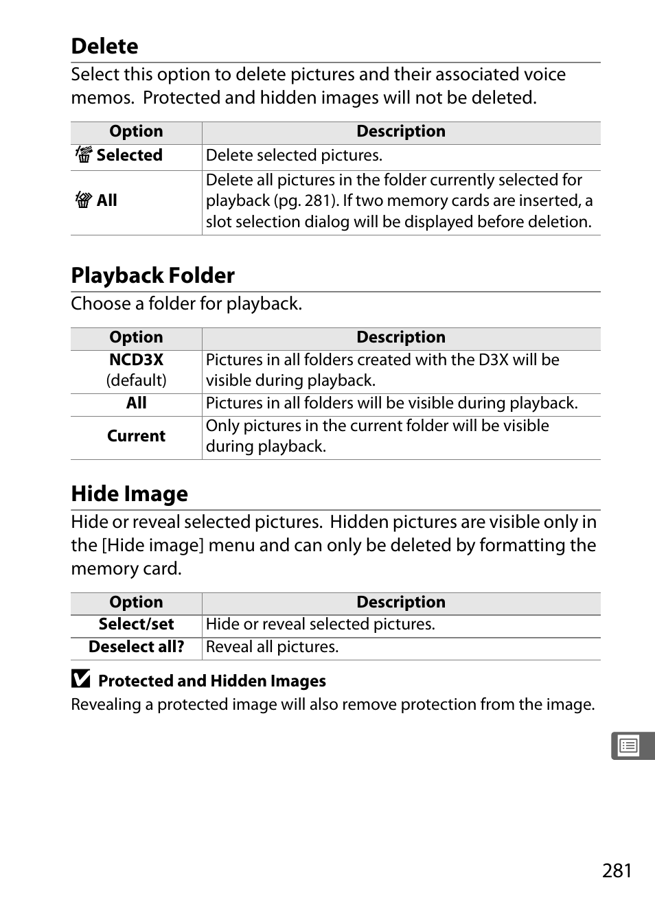 Delete, Playback folder, Hide image | Nikon D3X User Manual | Page 307 / 476