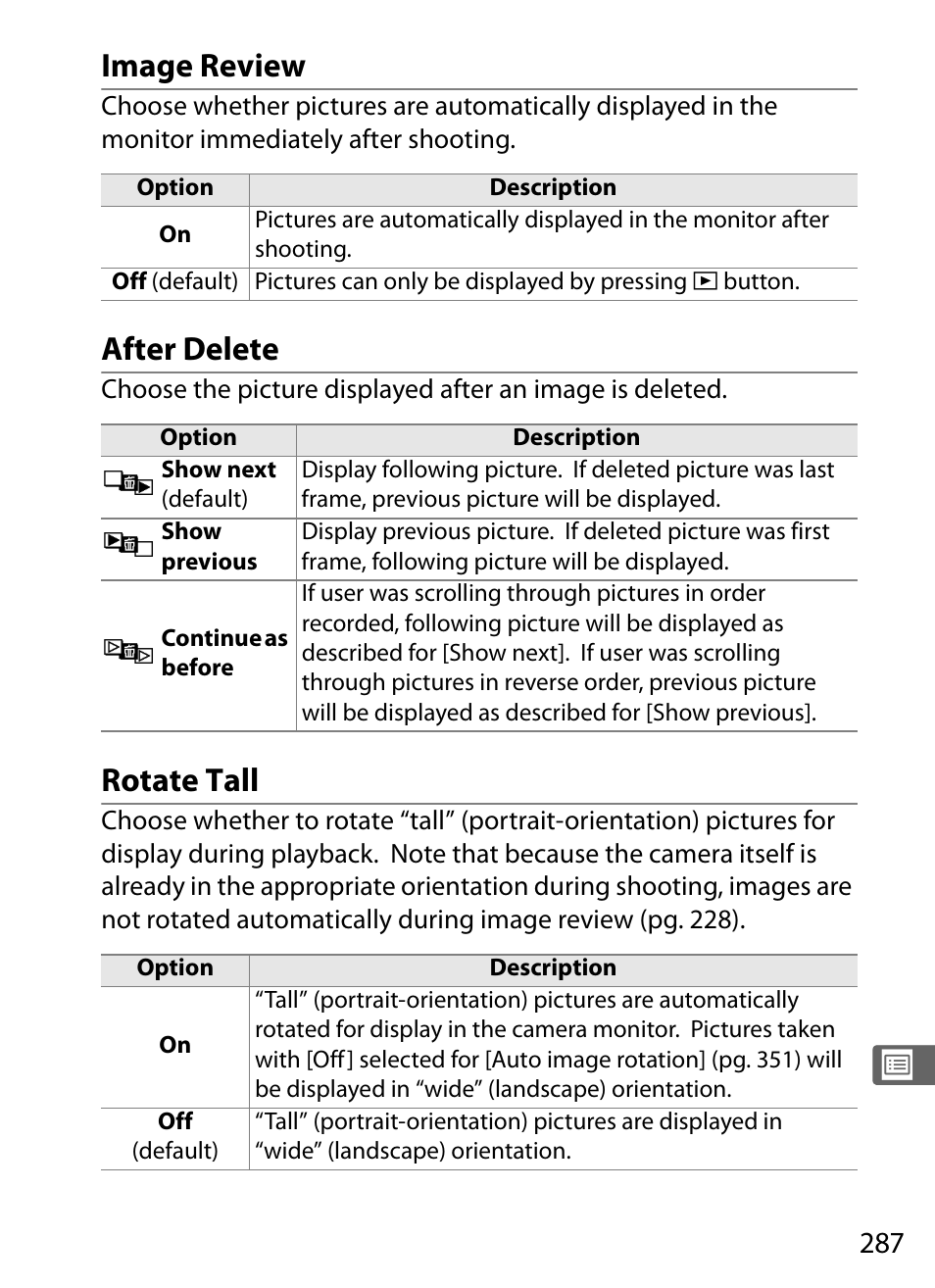 Image review, After delete, Rotate tall | Nikon D3X User Manual | Page 313 / 476