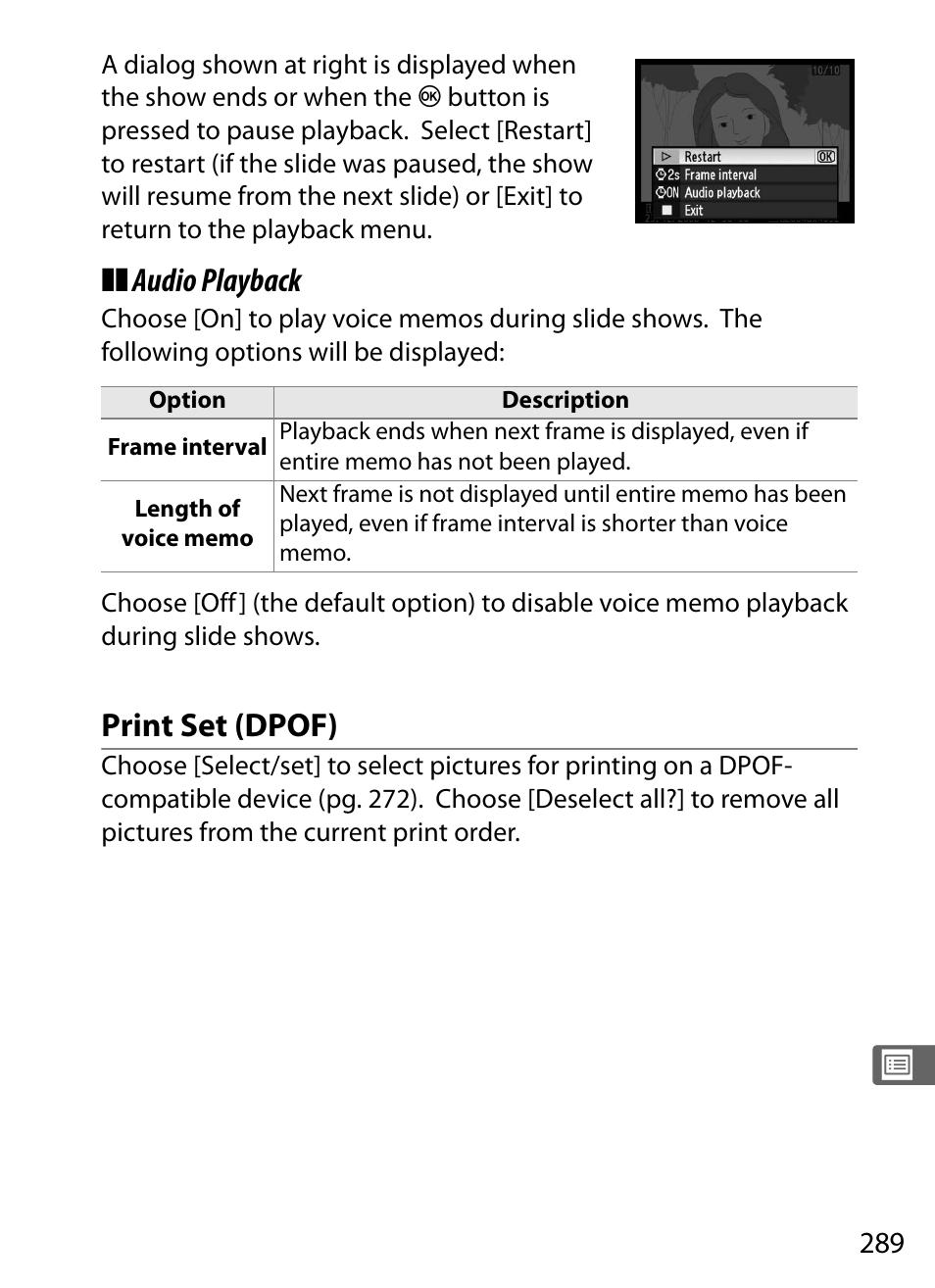 Print set (dpof), Audio playback | Nikon D3X User Manual | Page 315 / 476