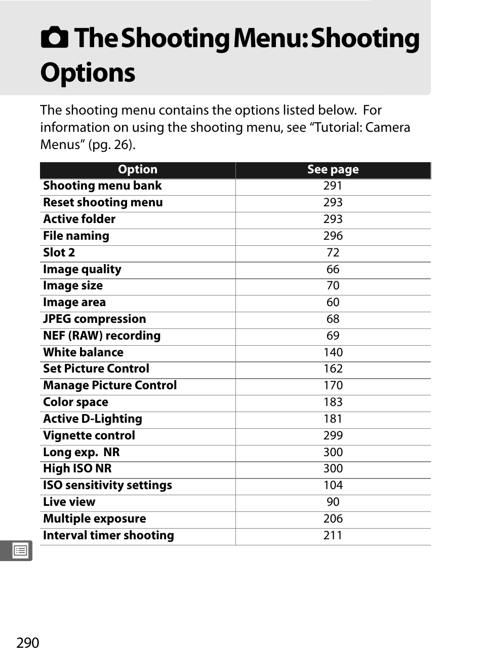 The shooting menu: shootingoptions, C the shooting menu: shooting options | Nikon D3X User Manual | Page 316 / 476