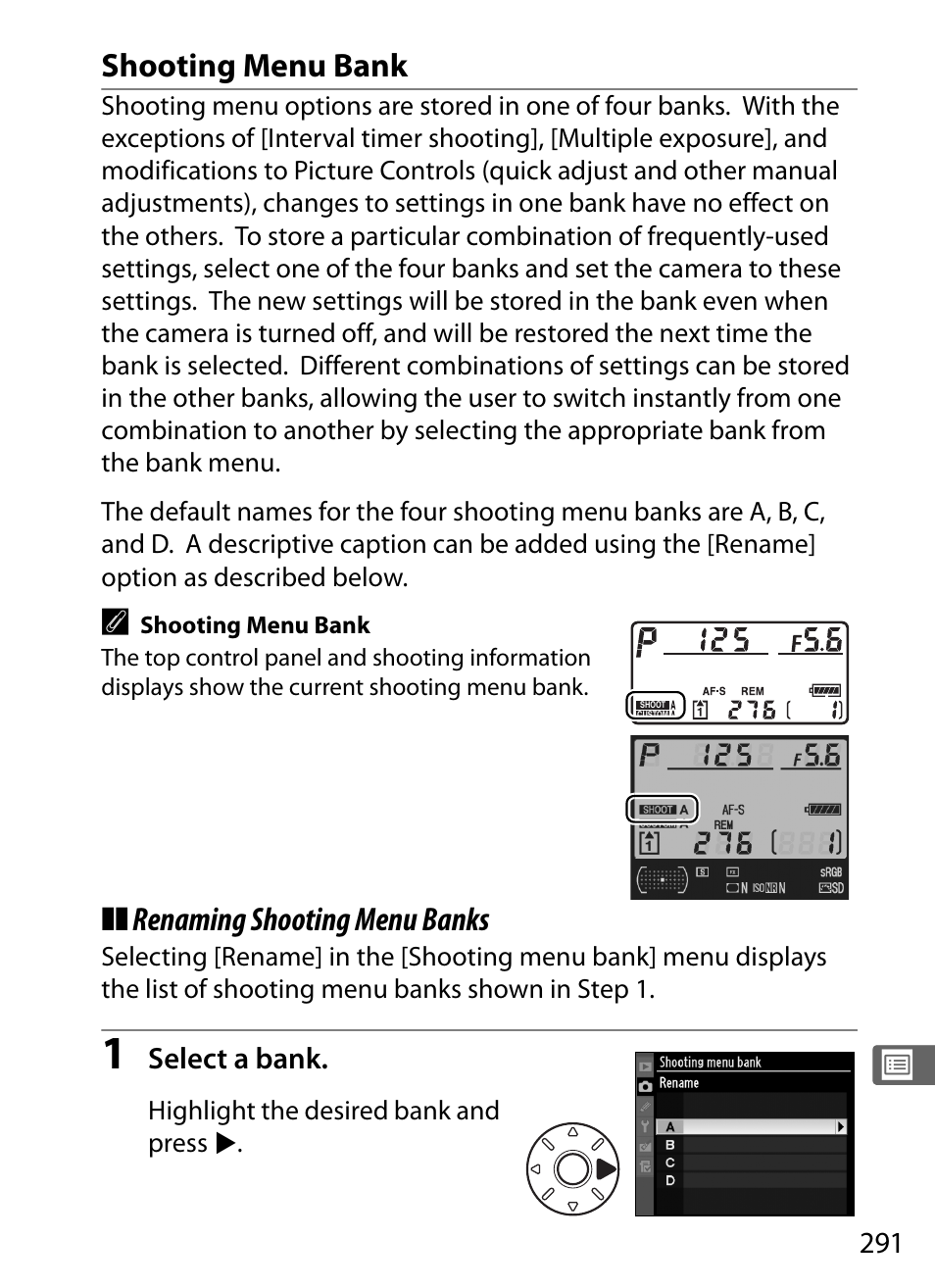 Shooting menu bank, Renaming shooting menu banks | Nikon D3X User Manual | Page 317 / 476