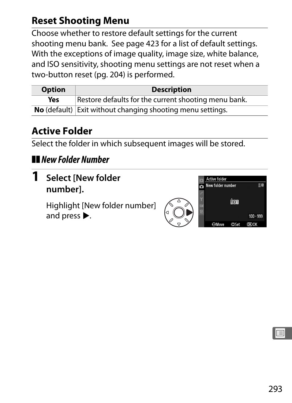 Reset shooting menu, Active folder | Nikon D3X User Manual | Page 319 / 476