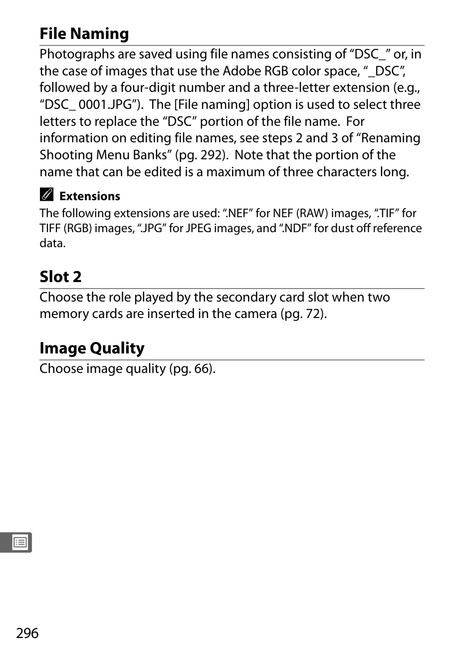 File naming, Slot 2, Image quality | Nikon D3X User Manual | Page 322 / 476