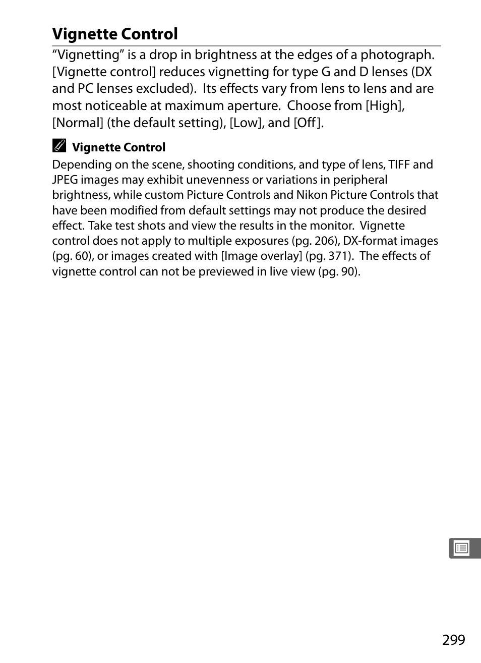 Vignette control | Nikon D3X User Manual | Page 325 / 476