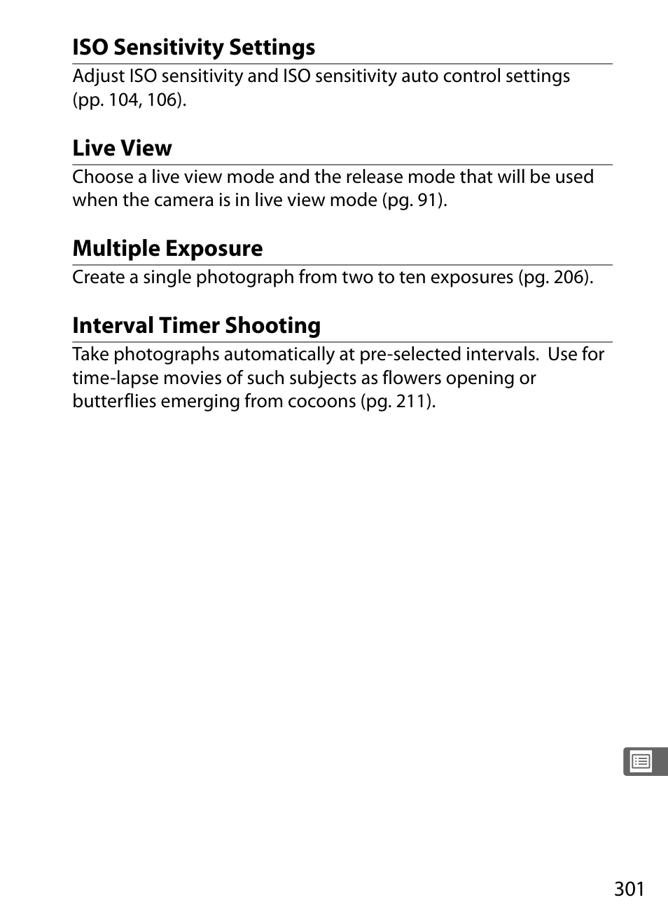 Iso sensitivity settings, Live view, Multiple exposure | Interval timer shooting | Nikon D3X User Manual | Page 327 / 476