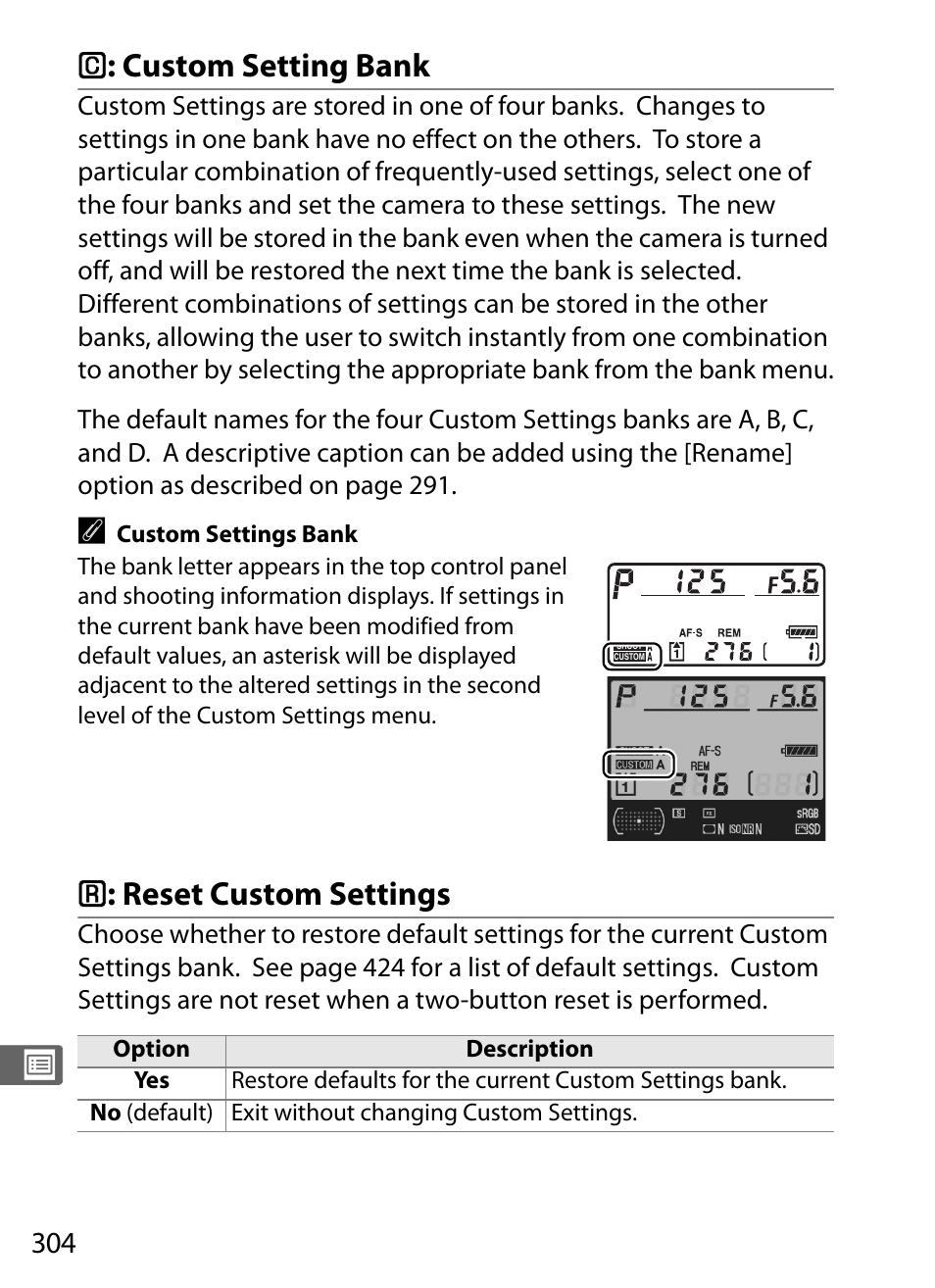 C: custom setting bank, R: reset custom settings, B : custom setting bank | A : reset custom settings | Nikon D3X User Manual | Page 330 / 476