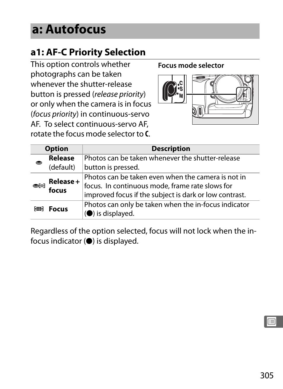 A: autofocus, A1: af-c priority selection | Nikon D3X User Manual | Page 331 / 476