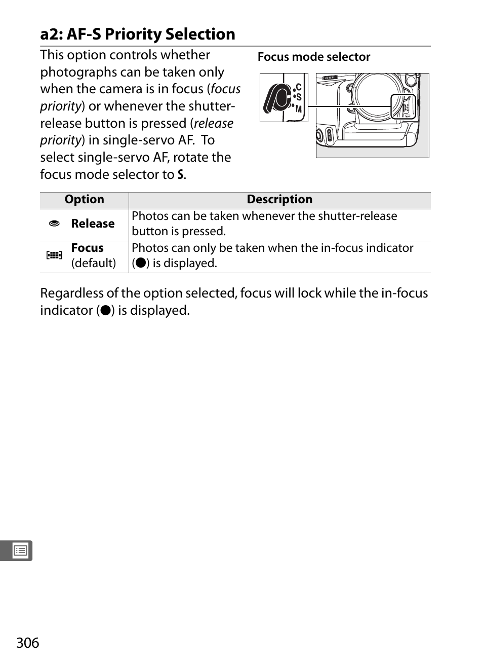 A2: af-s priority selection | Nikon D3X User Manual | Page 332 / 476