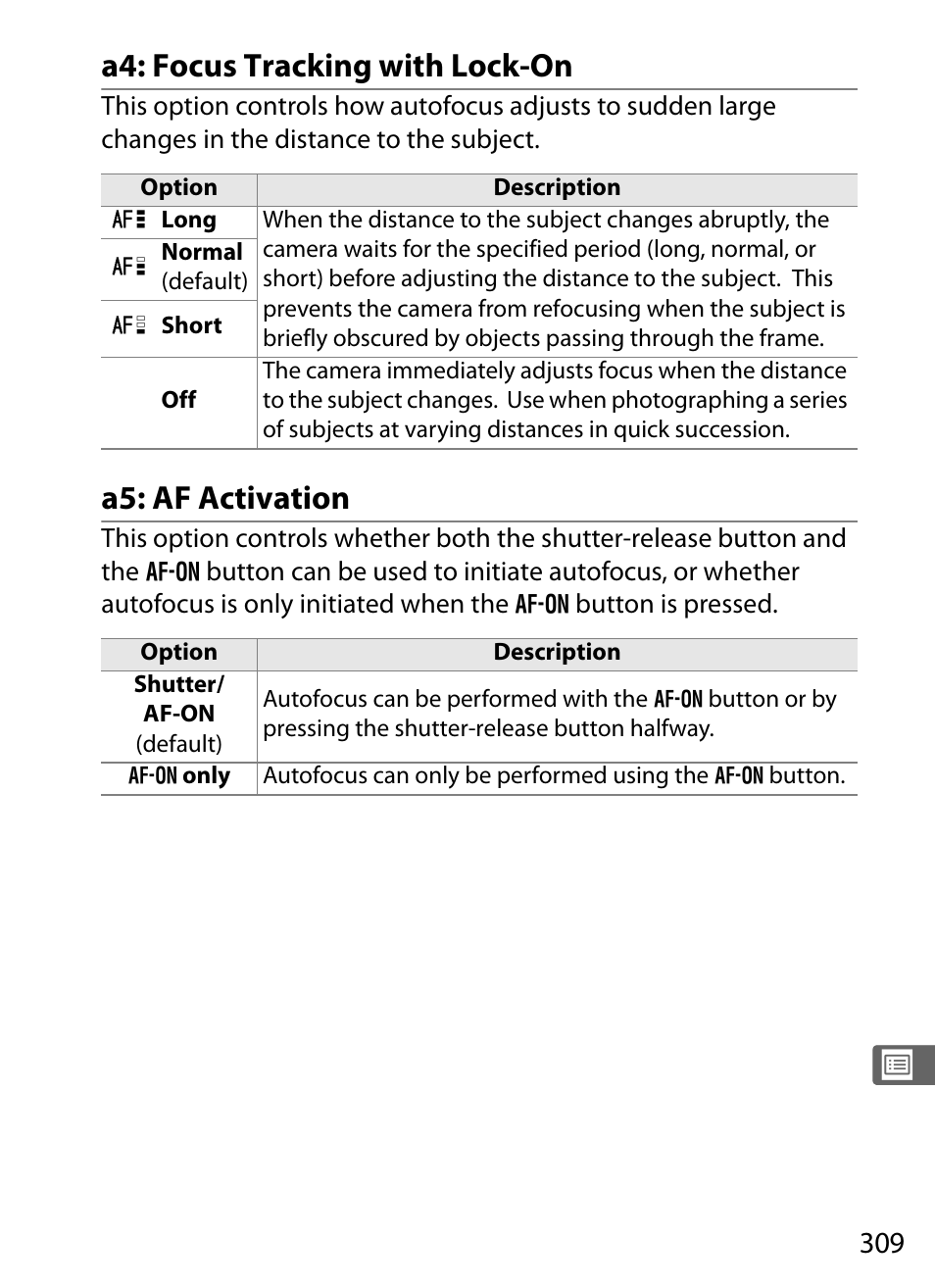 A4: focus tracking with lock-on, A5: af activation | Nikon D3X User Manual | Page 335 / 476